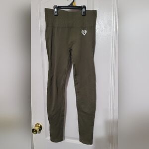 High-Waist Olive Green Ribbed Leggings with Heart Logo